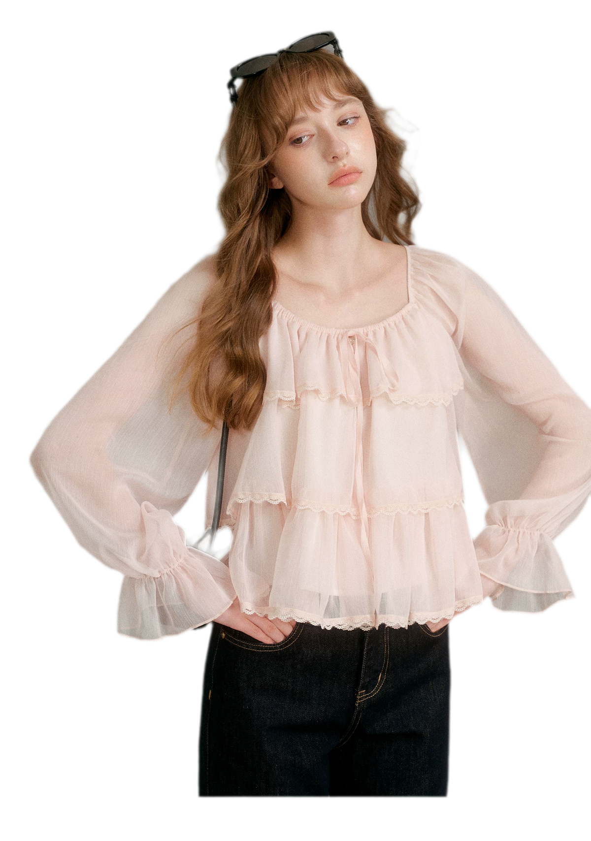 Chiffon Ruffle Lantern Sleeve Blouse