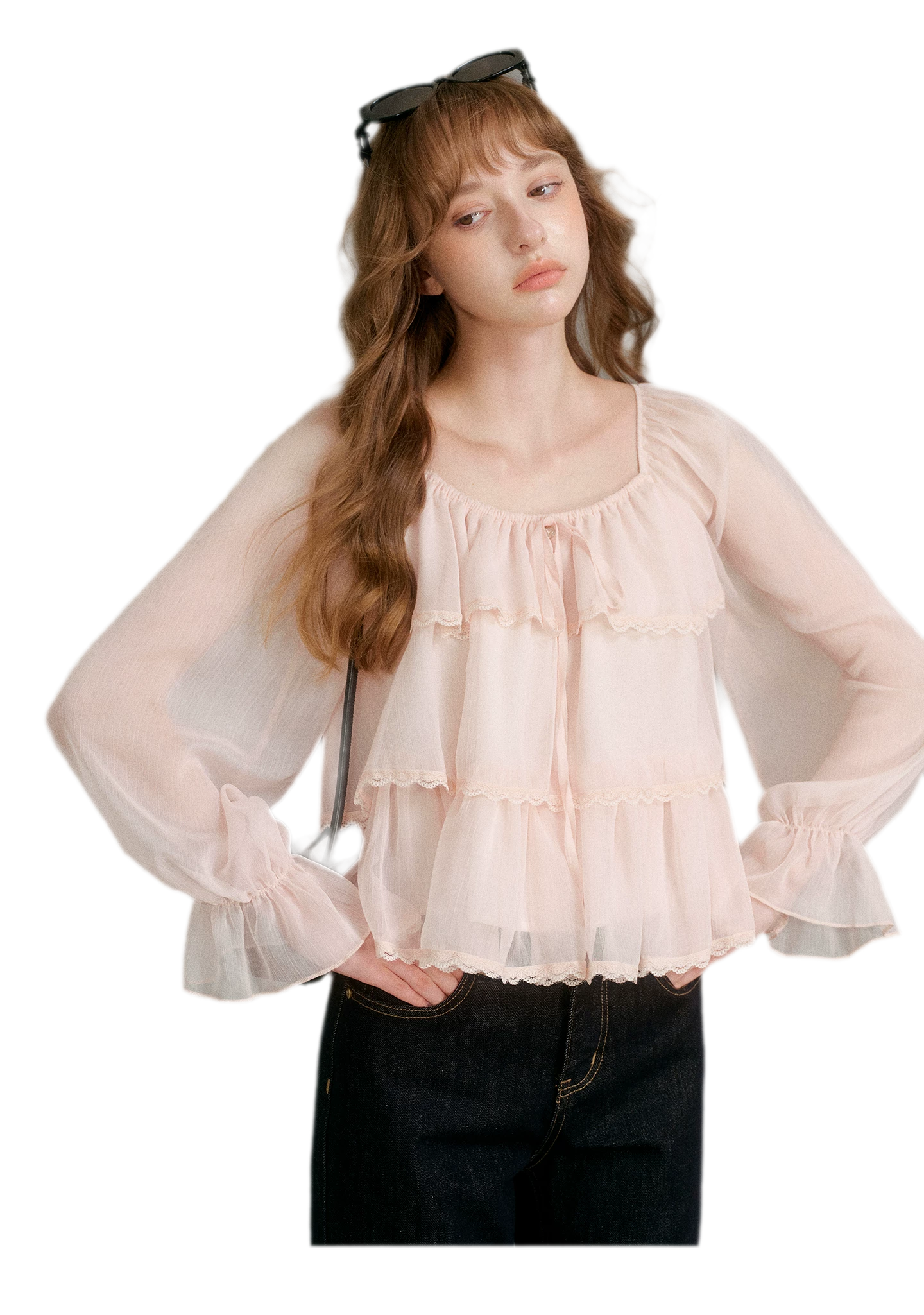 Chiffon Ruffle Lantern Sleeve Blouse