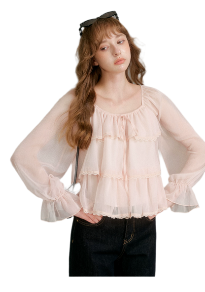 Chiffon Ruffle Lantern Sleeve Blouse