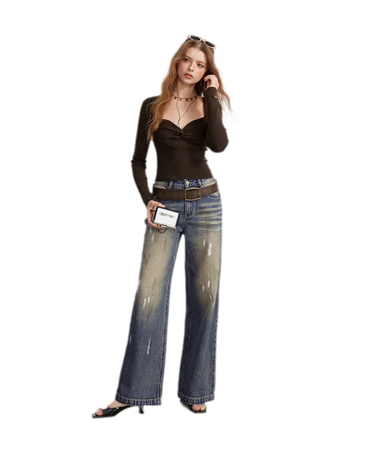 Washed Paint-Splatter Wide-Leg Jeans