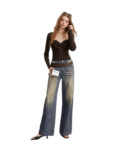 Washed Paint-Splatter Wide-Leg Jeans