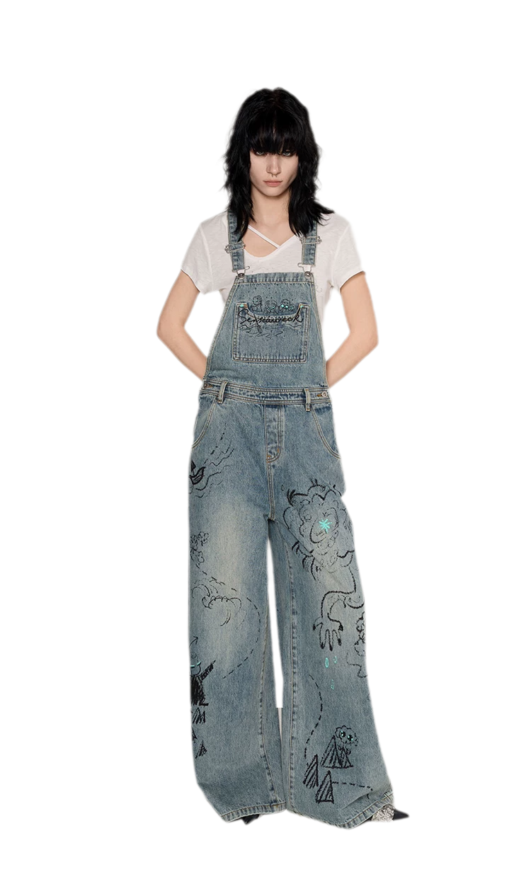 Graffiti Wide-Leg Overalls