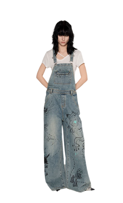 Graffiti Wide-Leg Overalls