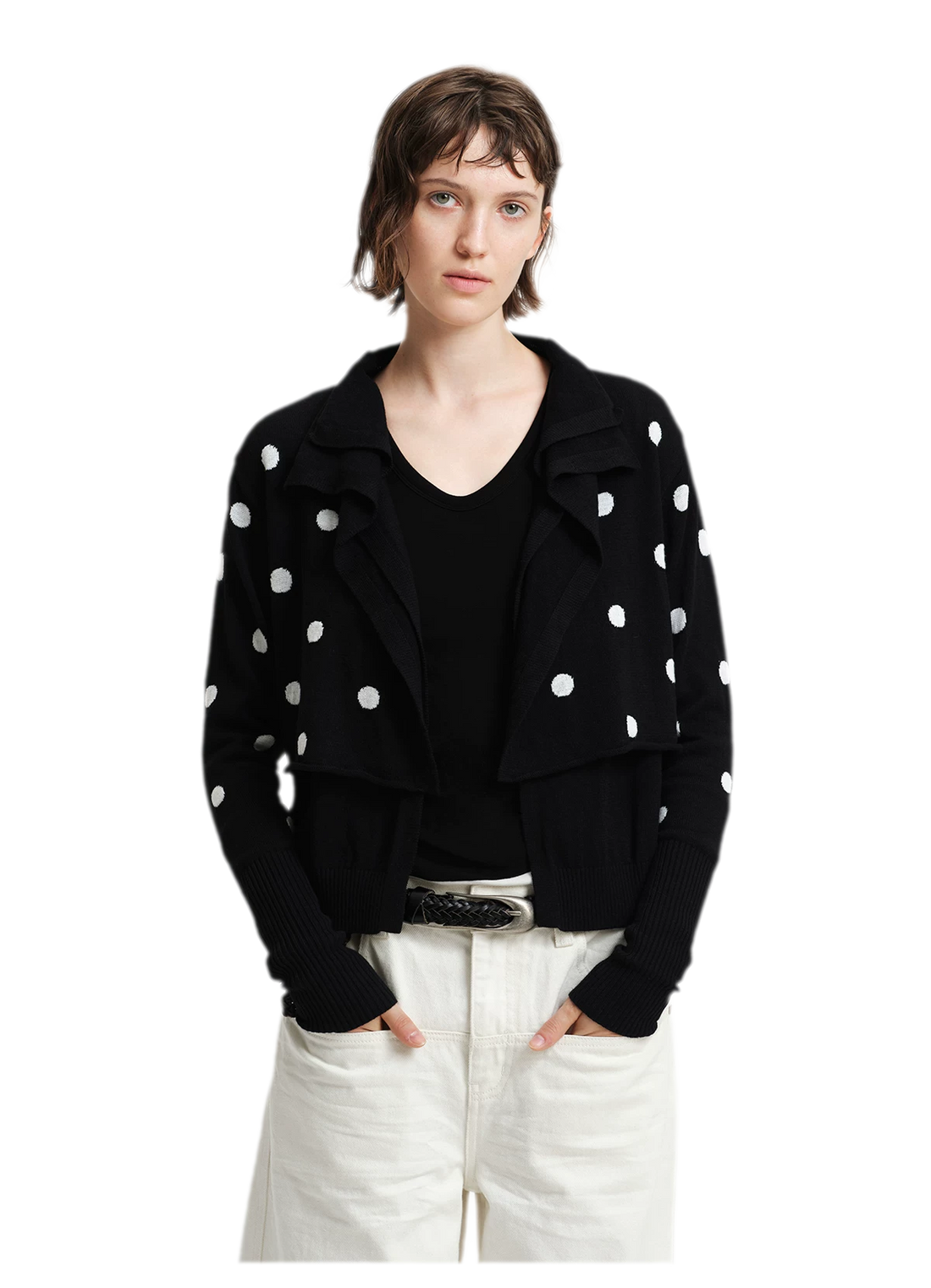 Polka Dot Draped Knit Cardigan
