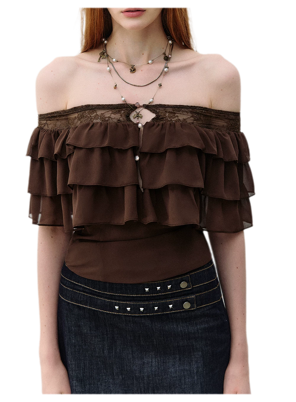 Layered Chiffon Lace Off-Shoulder T-Shirt