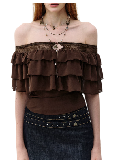 Layered Chiffon Lace Off-Shoulder T-Shirt