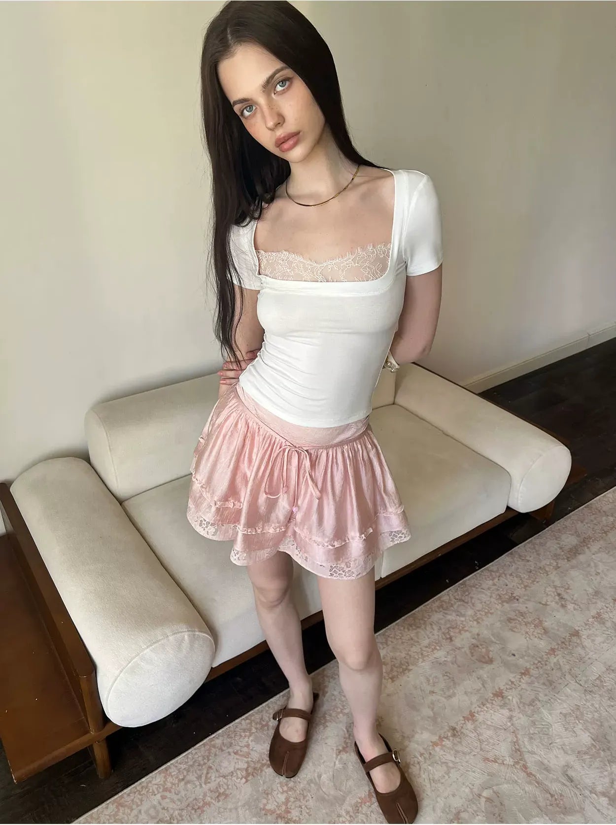 Lace Panel Square Neck T-Shirt