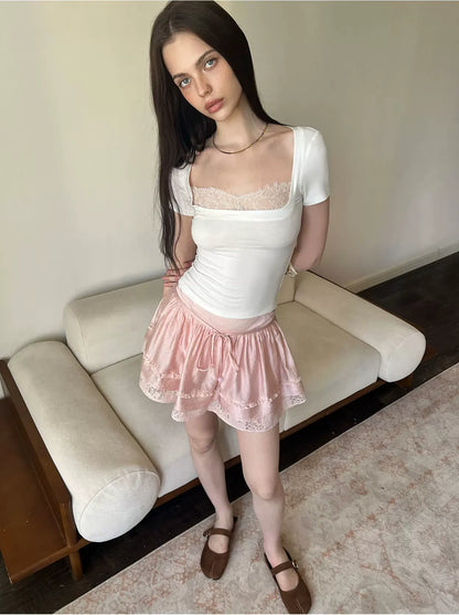Lace Panel Square Neck T-Shirt