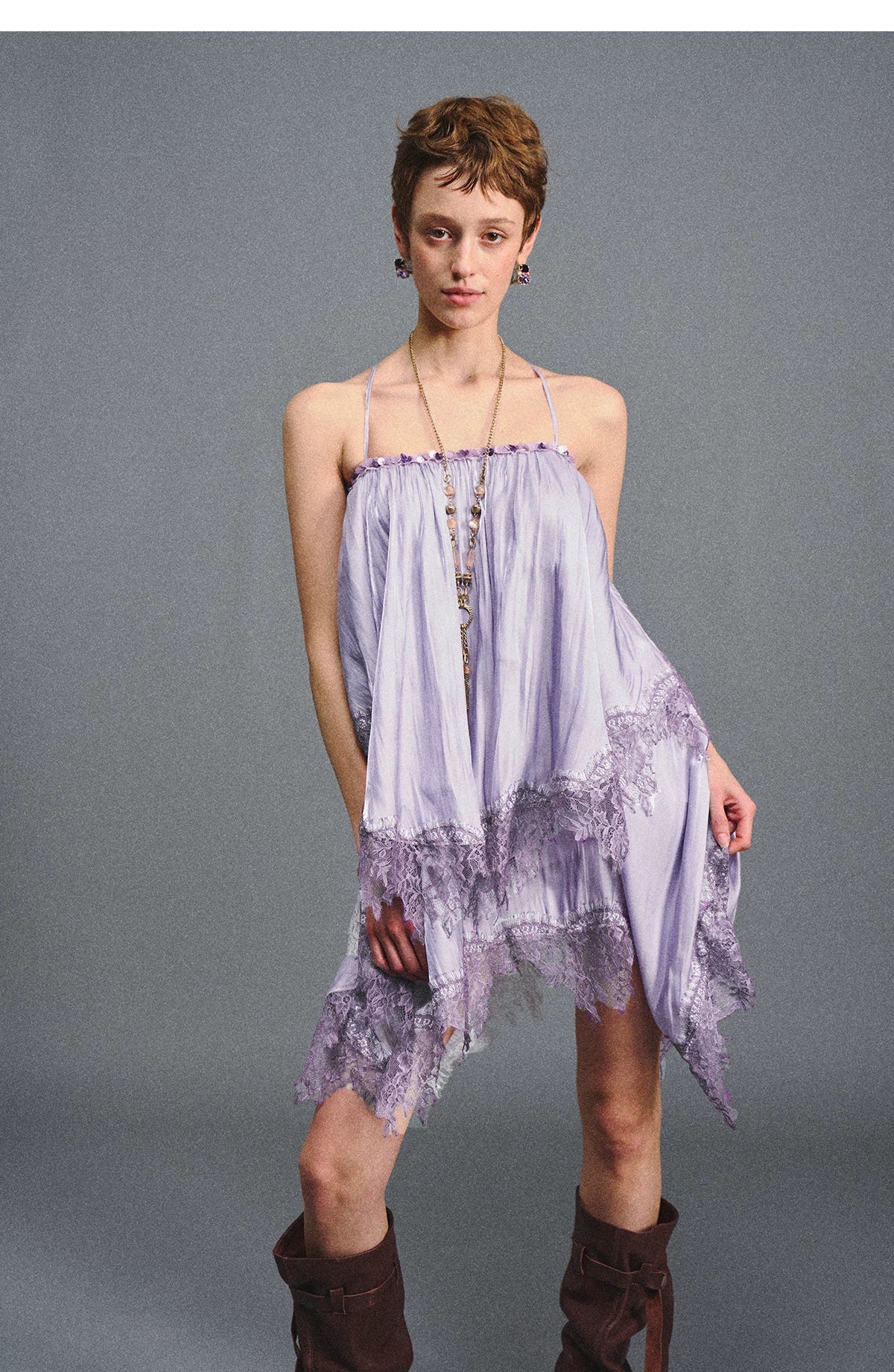 Lavender Galaxy Lace Satin Beaded Strap Dress