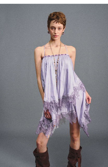 Lavender Galaxy Lace Satin Beaded Strap Dress