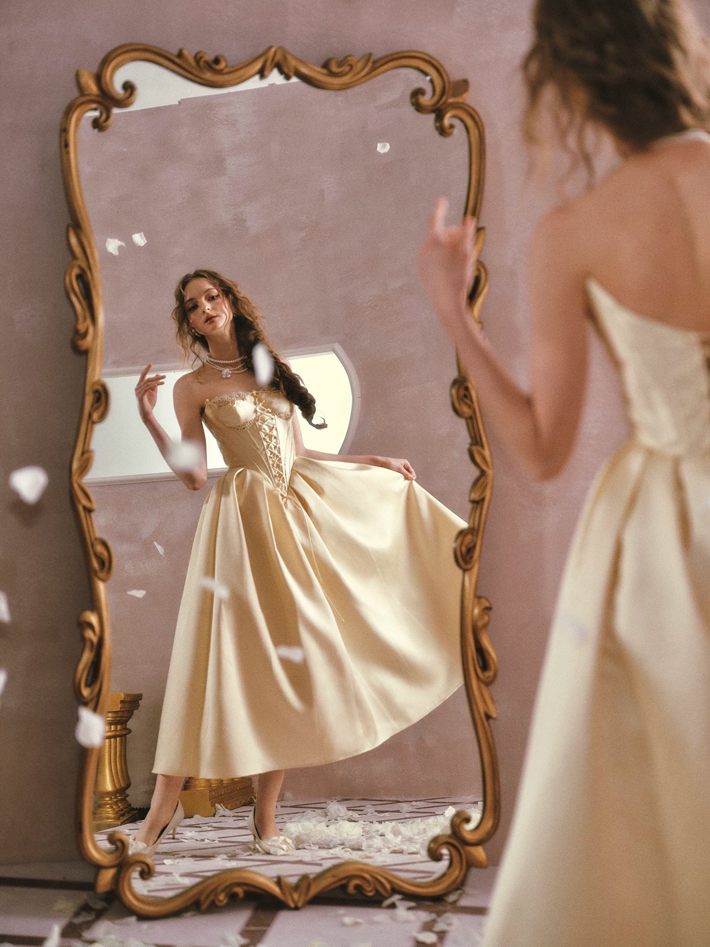 Belle Gold French Satin Lace Corset Dress