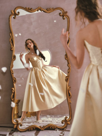 Belle Gold French Satin Lace Corset Dress