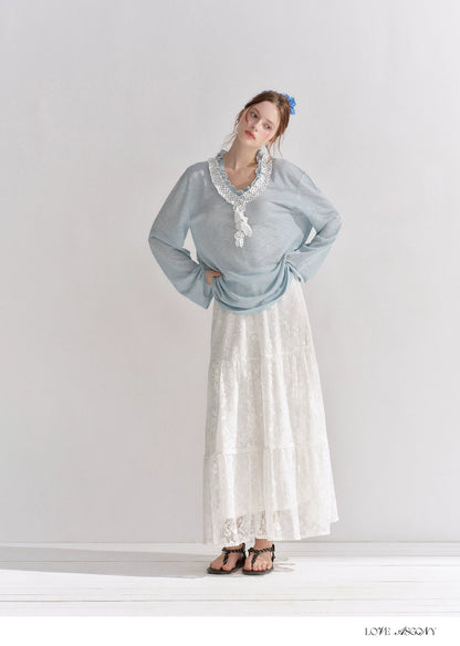 Lace Trim Elastic Waist A-line Long Skirt