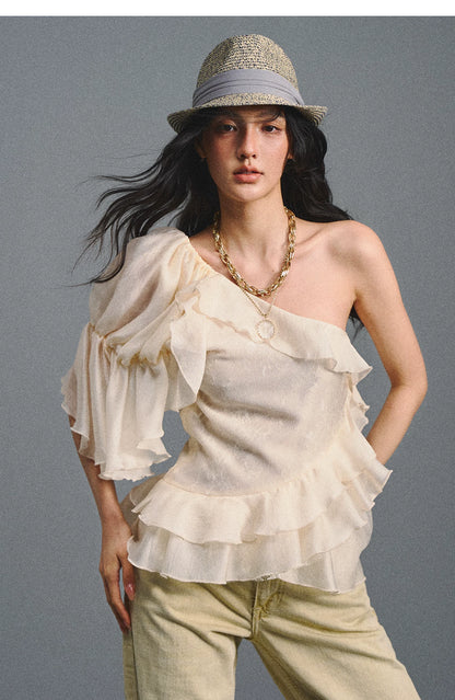 Vintage Romantic Lace Ruffled Asymmetric Top