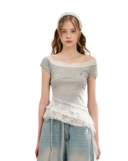 Asymmetric Lace Off-Shoulder T-Shirt