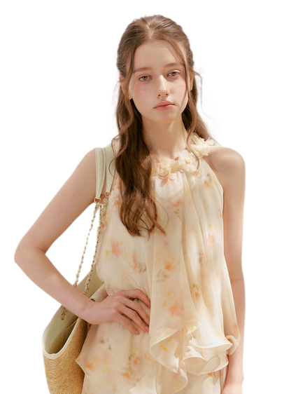 Chiffon Floral Halter Long Dress
