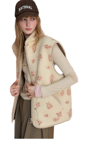 Floral Fleece Stand Collar Vest