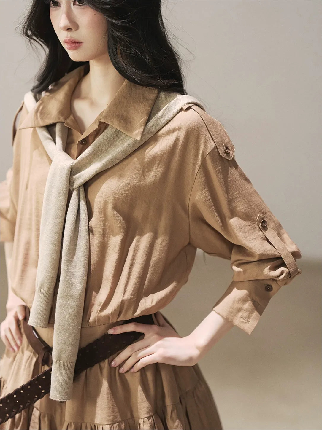 High-Waist Ruffle Shirt Dress