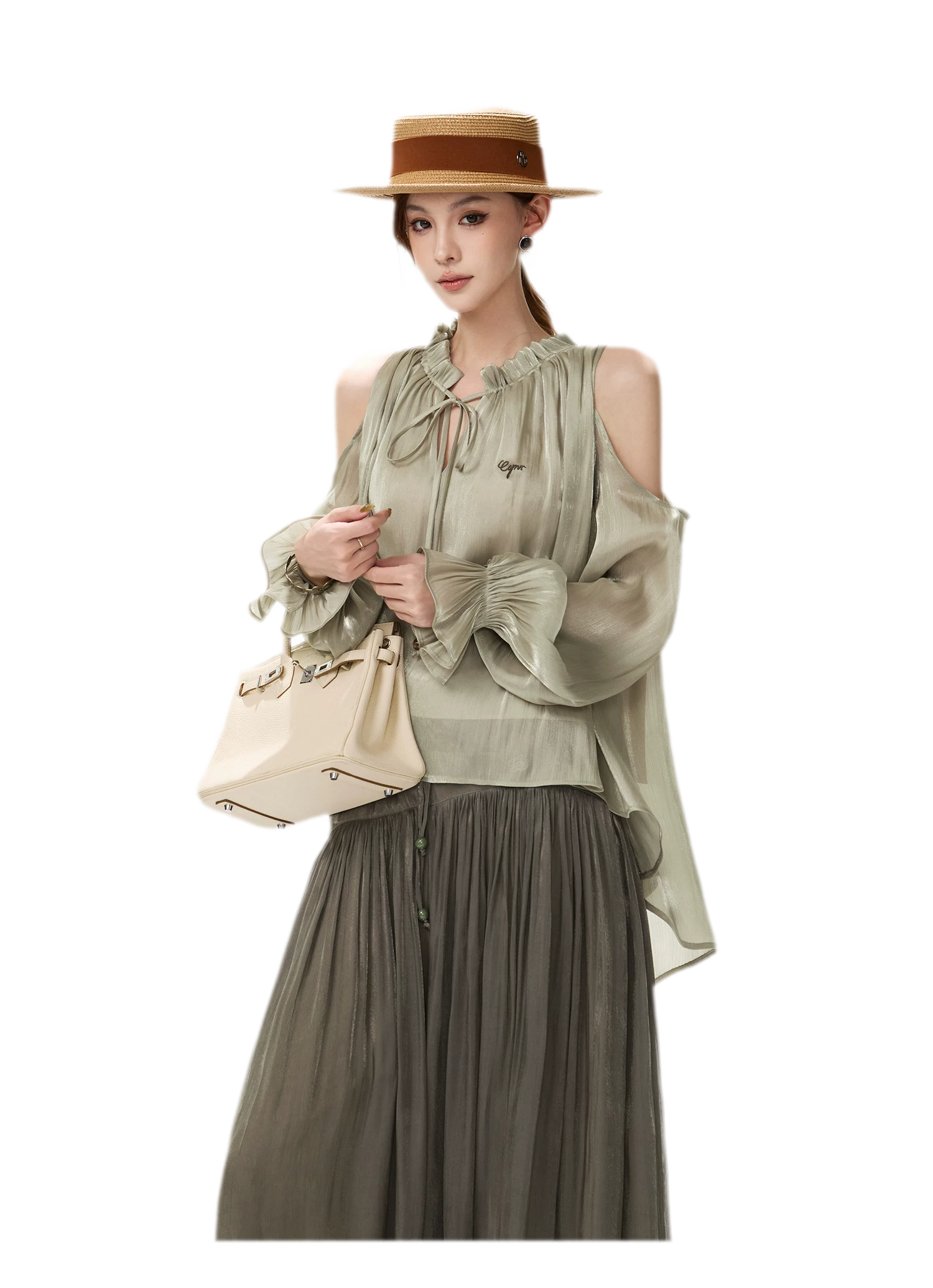 Shimmering Ruffle Cold-Shoulder Blouse