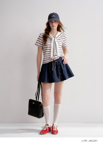 Navy Sailor Collar Tie-Striped Short T-shirt