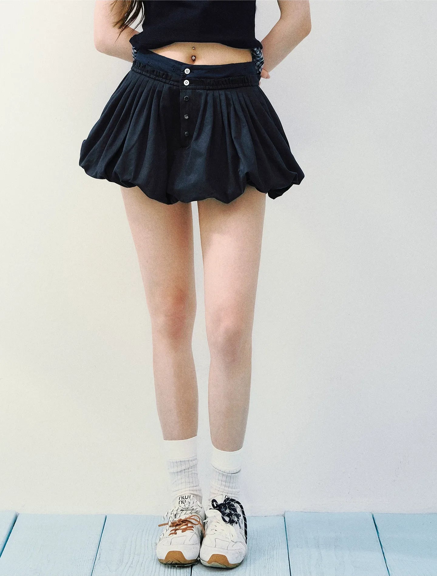 Navy Petal Pleated Skirt