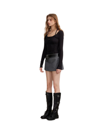 Ruching Lace Trim Long-Sleeve Top