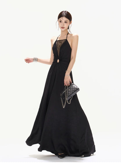 Mesh Lace Deep V Halter Dress with Satin