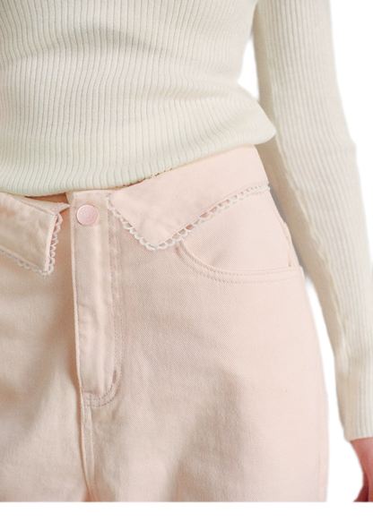 Cotton Lace-Trim Wide-Leg Jeans