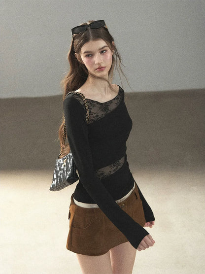 Lace Spliced Slim Fit Top