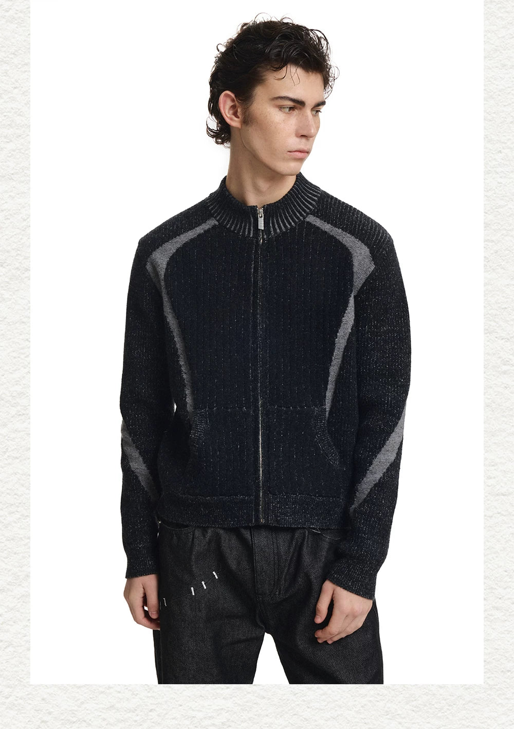 Contrast Jacquard Fitted Knit Cardigan