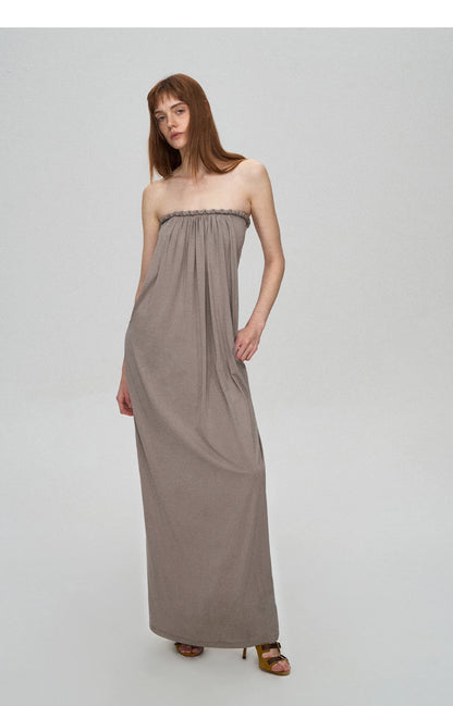 Sculptural 93% Lyocell Pleated Long Dress