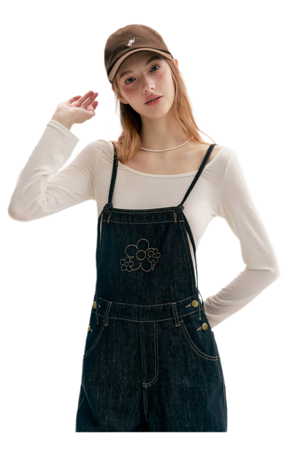 Contrast Floral Denim Overalls