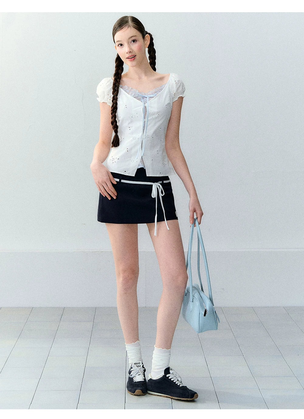 Korean Style Color-Block Tie Waist Shorts Skirt
