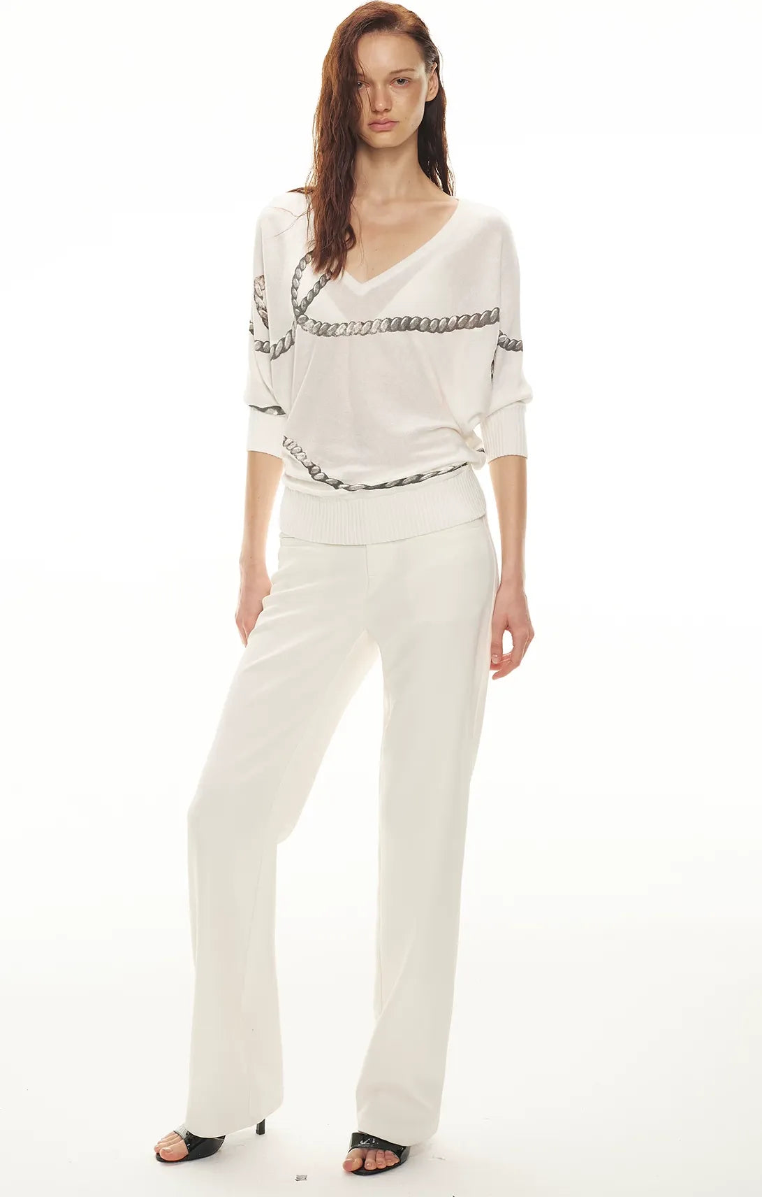 Sheer Asymmetric Chain Print Pullover Top