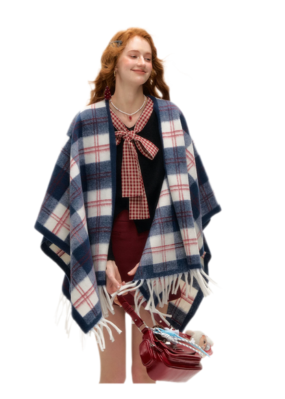Vintage Plaid Fringed Shawl