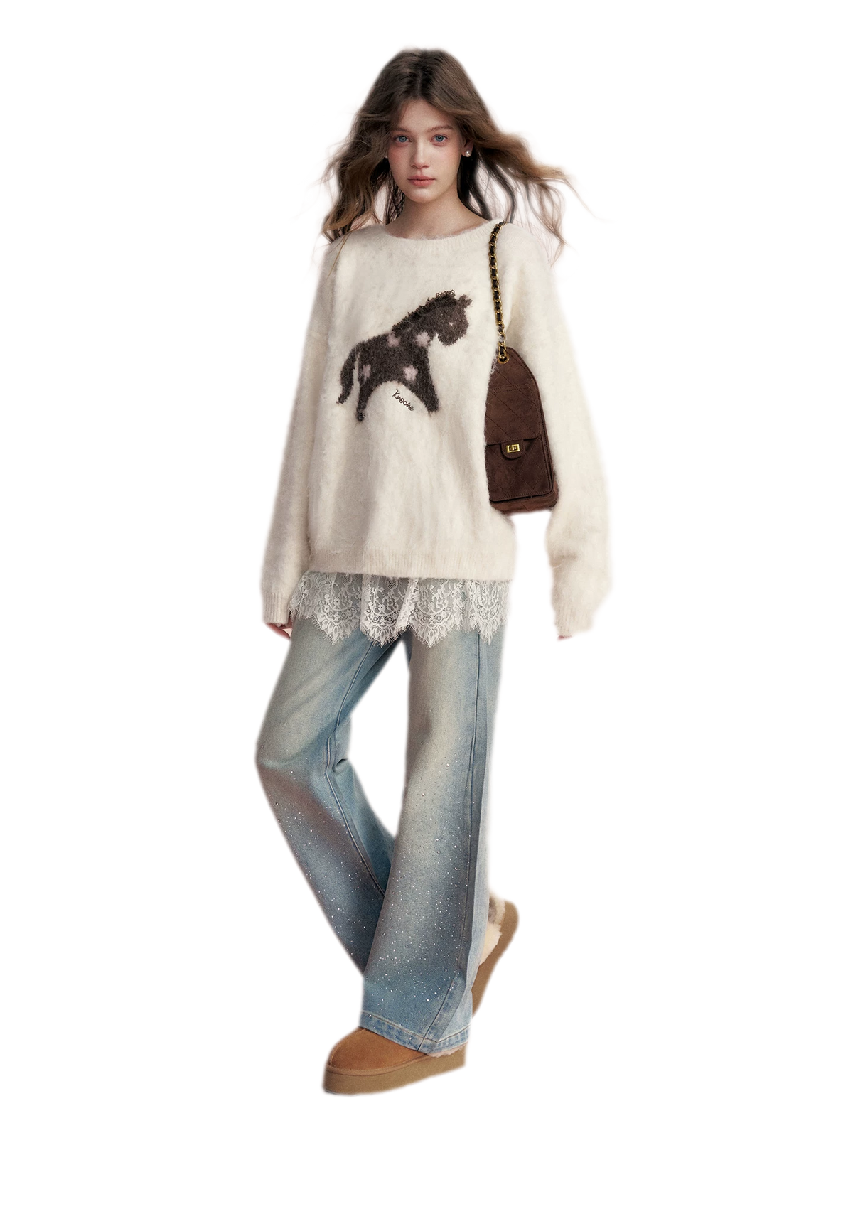 Embellished Fleece-Lined Wide-Leg Jeans