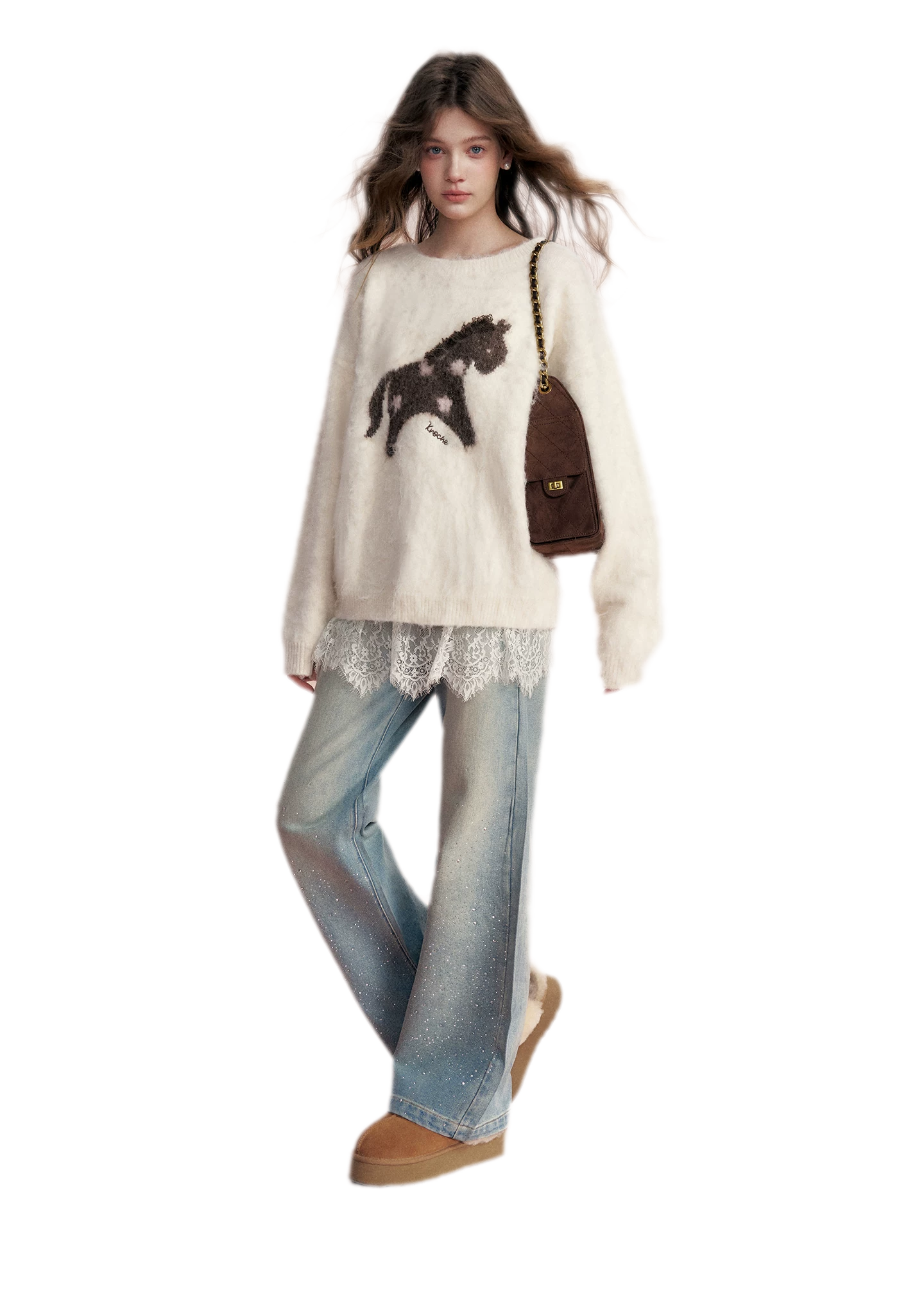 Embellished Fleece-Lined Wide-Leg Jeans