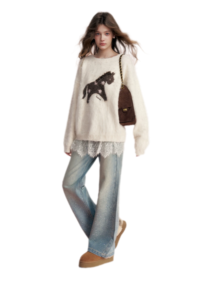 Embellished Fleece-Lined Wide-Leg Jeans