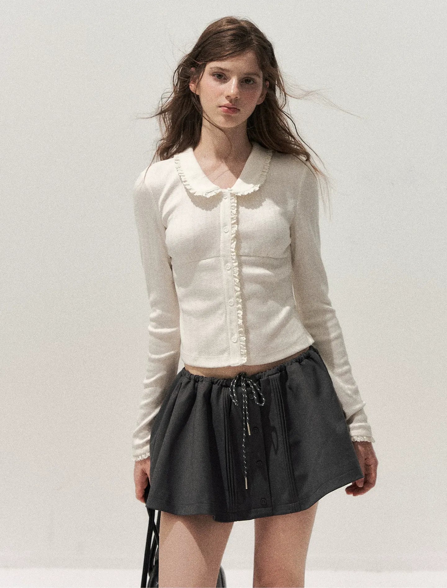 Textured Lace Collar Long-Sleeve Top