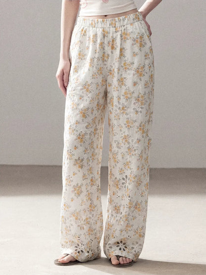 Laser-Cut Floral Wide-Leg Pants