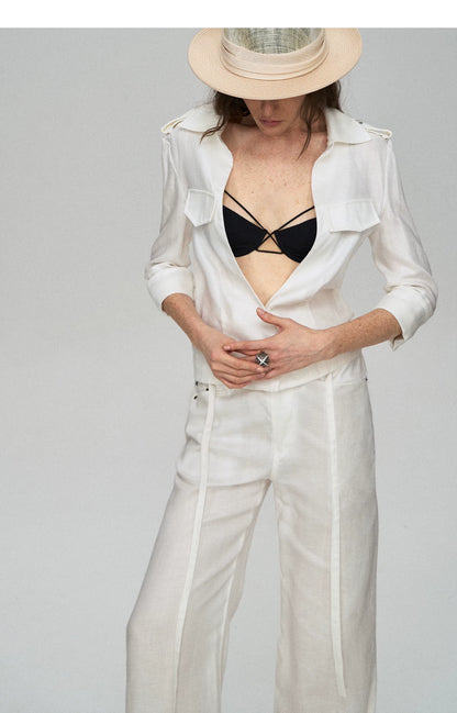 Tencel Linen Cool-Feel Mid-Sleeve Shirt &amp; High-Waist Wide-Leg