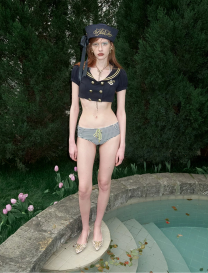 Striped Nautical Anchor Halter Bikini Set