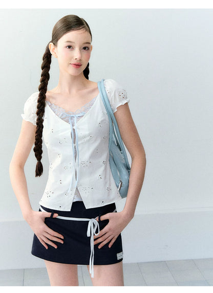 Sweet Elastic Puff Sleeve Lace Short Sleeve Top