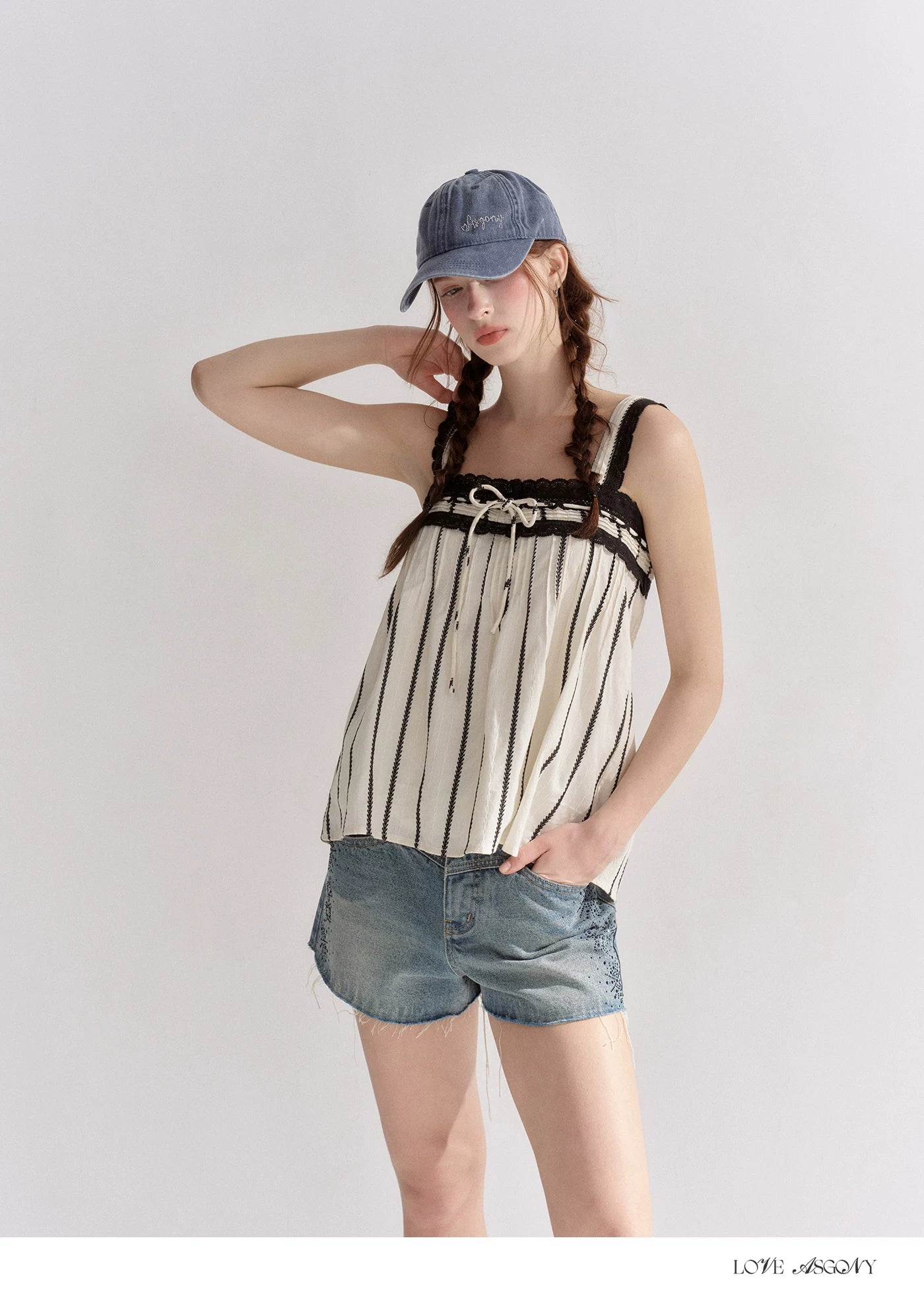 Striped Lace-Trim Tie-Front Camisole