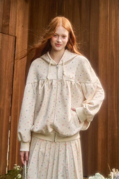 Printed Hooded Sweatshirt Pleated Skirt