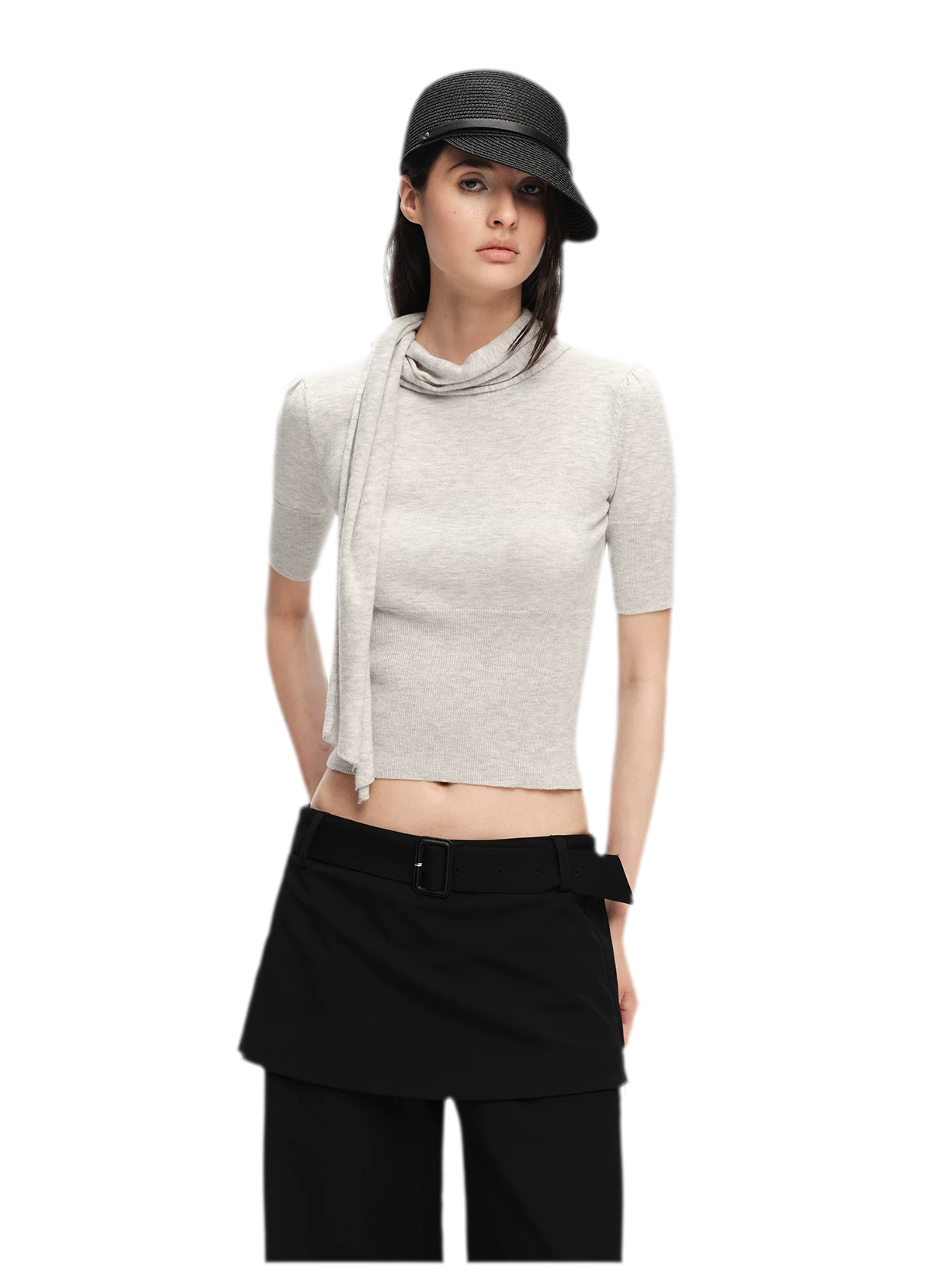 Wool-Blend Scarf-Neck Knit Top