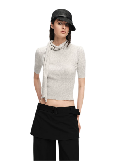 Wool-Blend Scarf-Neck Knit Top