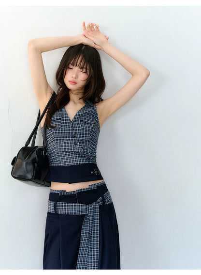 Navy Blue Plaid Two-Piece Set