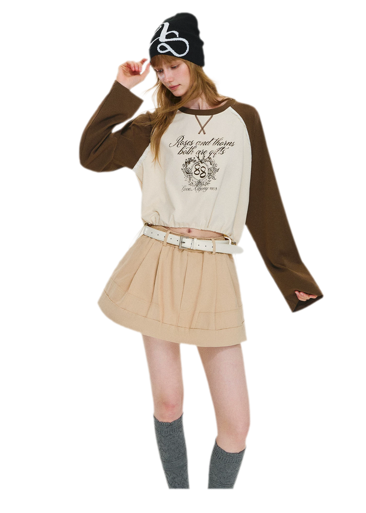 Cotton Raglan Cropped Long-Sleeve Top