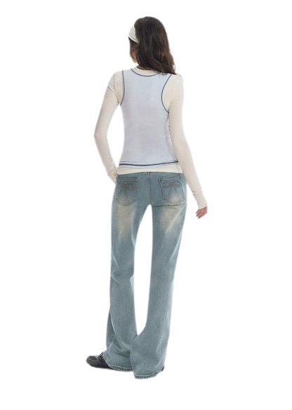 Washed Bow Embroidery Jeans